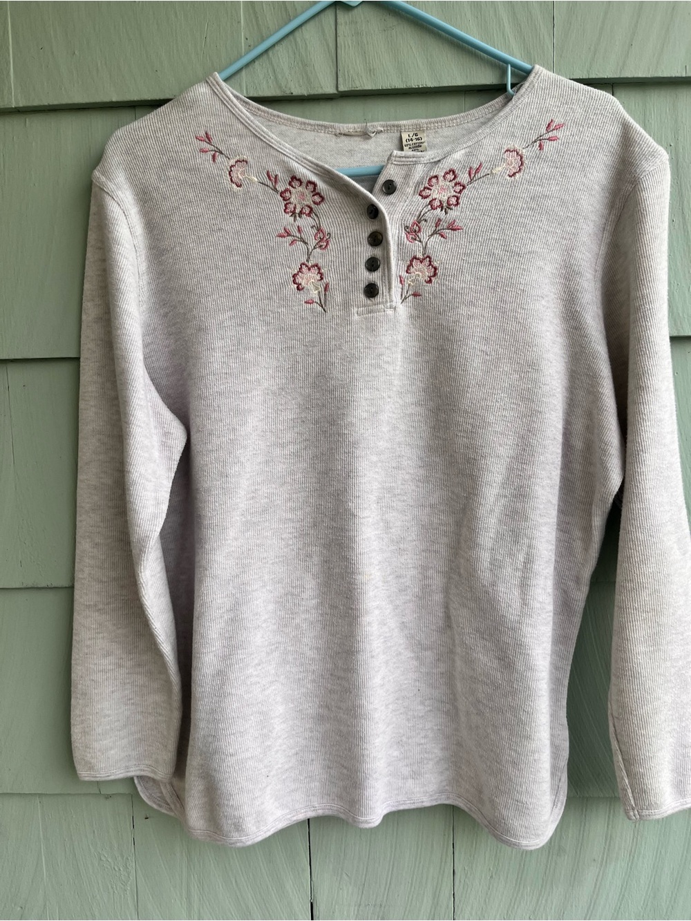 Cozy Embroidered Henley Top - Light Gray
